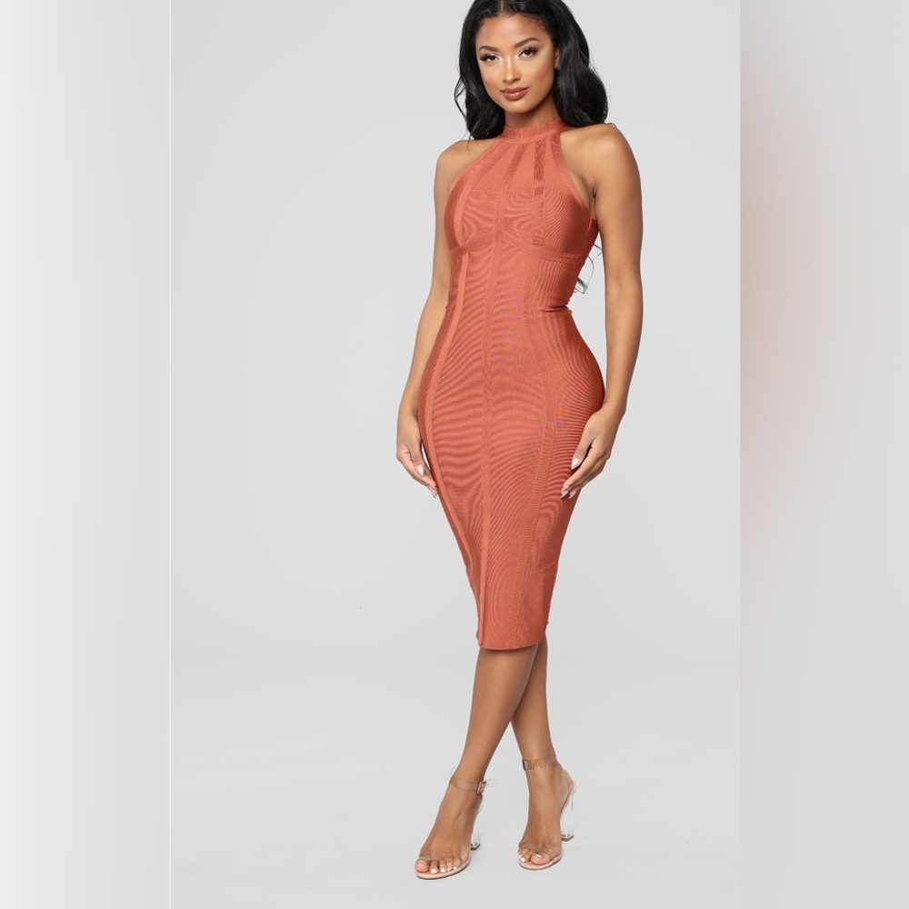 FASHION NOVA 
Kamilia Bandage Midi Dress- Brick